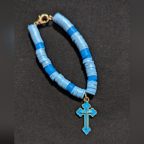 Elastic 14 CM (5.5 inches) Blue Cross Clay Bracelet - Picture 1 of 2